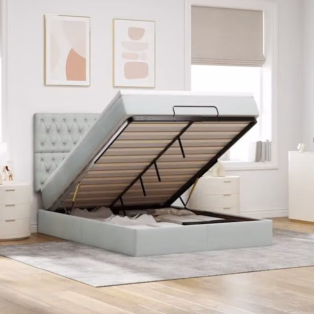 Letto con contenitore a sollevamento vidaXL in velluto grigio e bianco con porta USB e illuminazione sottostante L/P/H: 193 x 144 x 128 cm