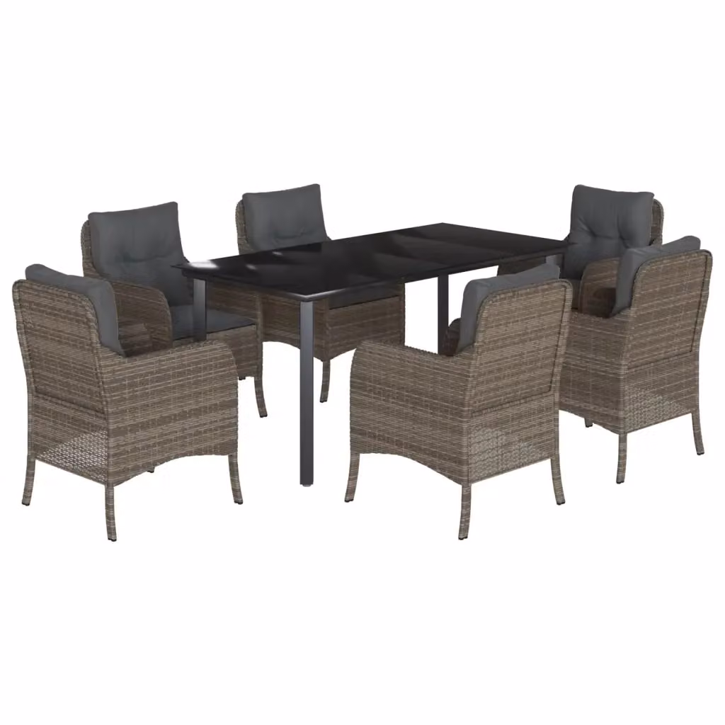 Set da pranzo da giardino vidaXL in polyrattan con tavolo in vetro e 7 pezzi, colore grigio e nero – 2
