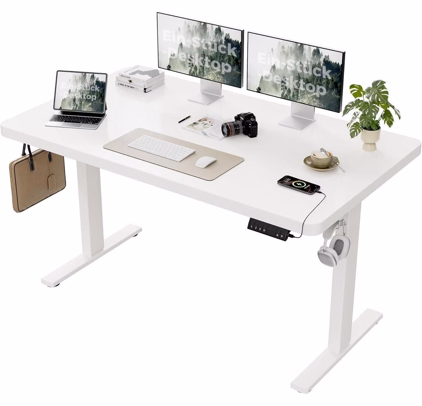 Scrivania regolabile in altezza, dimensioni 140x80 cm, colore bianco, con 2 motori e 3 memorie