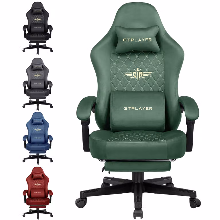 GTPLAYER Sedia da gioco in tessuto Sedia da gioco ergonomica per ufficio Sedia per PC, Sedia da scrivania regolabile e girevole con poggiapiedi, verde