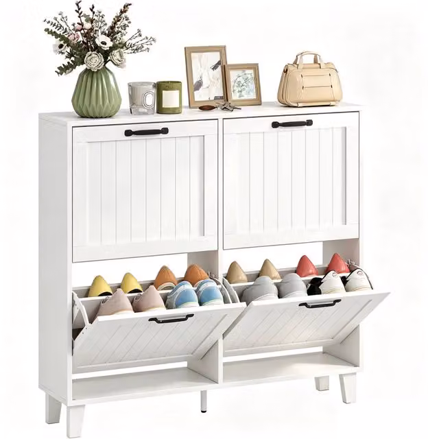Scarpiera Salvaspazio Slim con 4 Cassetti Ribaltabili e Ripiani Regolabili, Mobile Portascarpe Moderno per Ingresso, Bianco