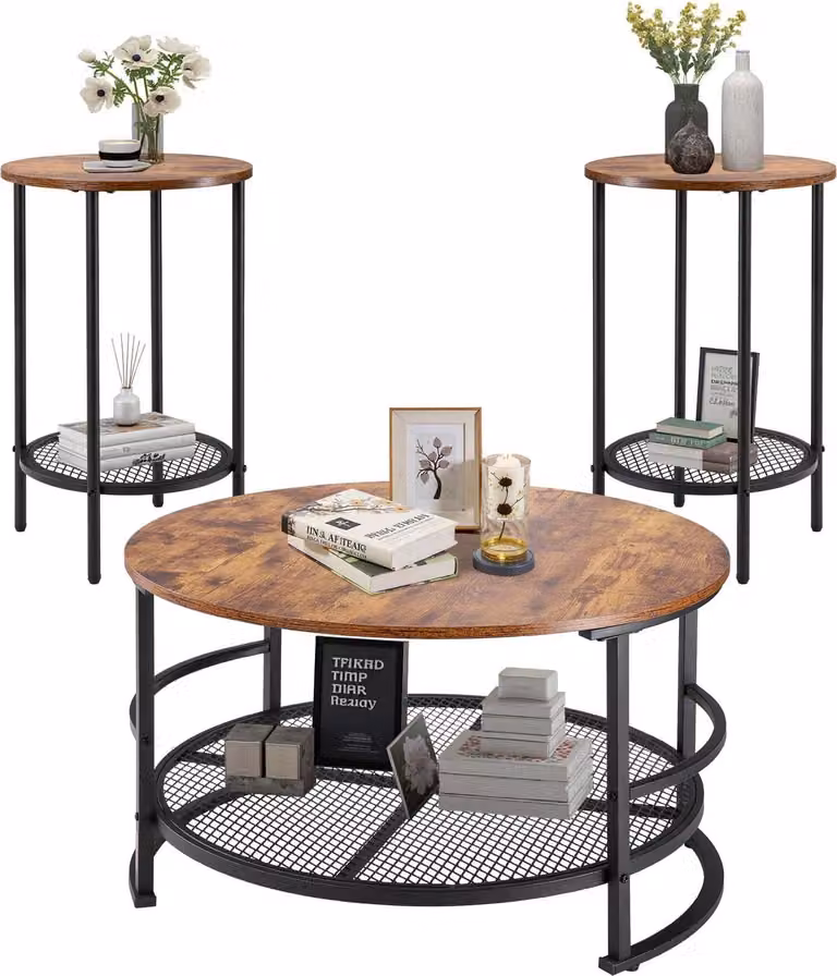 Set di tavolini - 3 pezzi rotondi - 1 tavolino Ø 80 x 46,5 cm - 2 tavolini Ø 40 x 60 cm - Robuste gambe di metallo - Salvaspazio - Stile industriale
