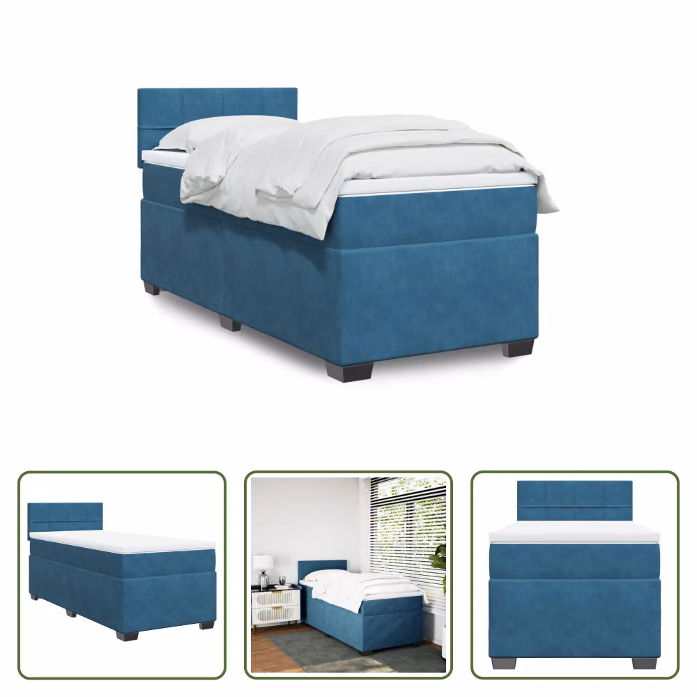 The Living Store Letto a molle con materasso blu scuro 100x200 cm in velluto