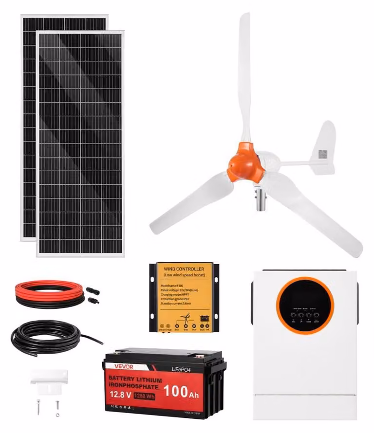 Kit ibrido solare ed eolico da 12V, 1000W - Potenza: 600W - 2 pannelli solari da 100W - Turbina eolica da 400W
