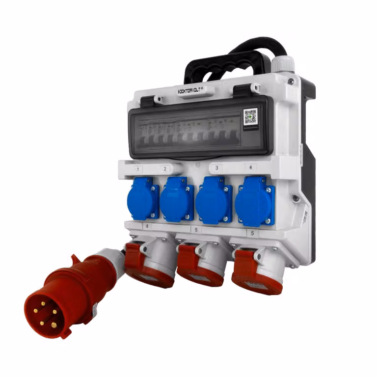 Distributore di corrente da cantiere 2x16A 32A CEE 4x230V Distributore mobile con maniglia e cavo con spina CEE 32A Distributore di corrente Doktorvolt DV-1420-F