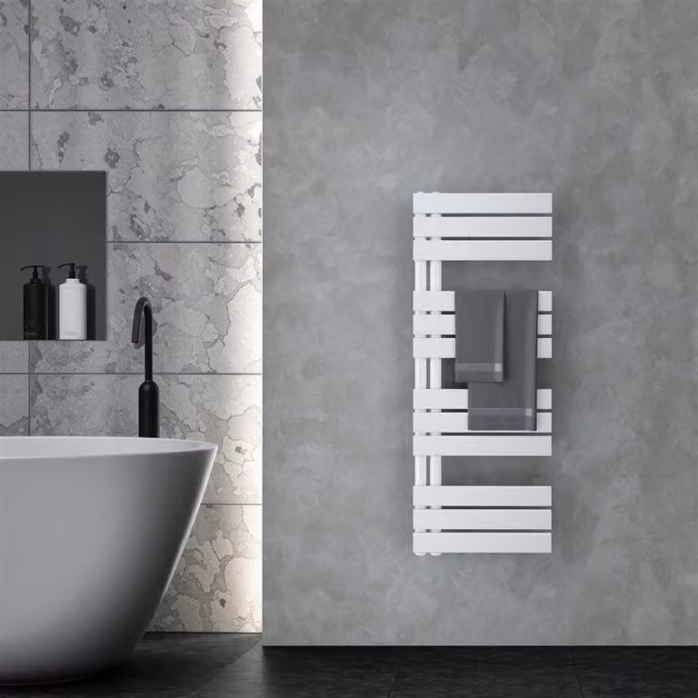 VILSTEIN radiatore elettrico per bagno, radiatore per asciugamani aperto lateralmente, asciugatore per bagno, radiatore a parete, scaldasalviette per bagno, radiatore per asciugamani, bianco, 120x45 cm