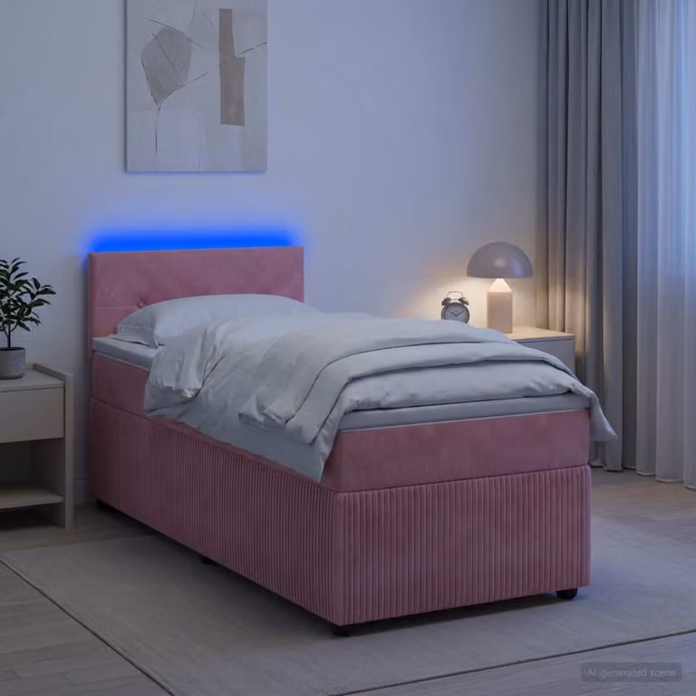 Letto box spring con materasso ibrido vidaXL in velluto rosa, con illuminazione sottostante e porta USB, L/P: 190 x 90 cm