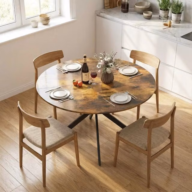 Tavolo da pranzo rotondo Mivray in stile industrial con piano in legno marrone e gambe a X in metallo nero, Diametro: 120 cm