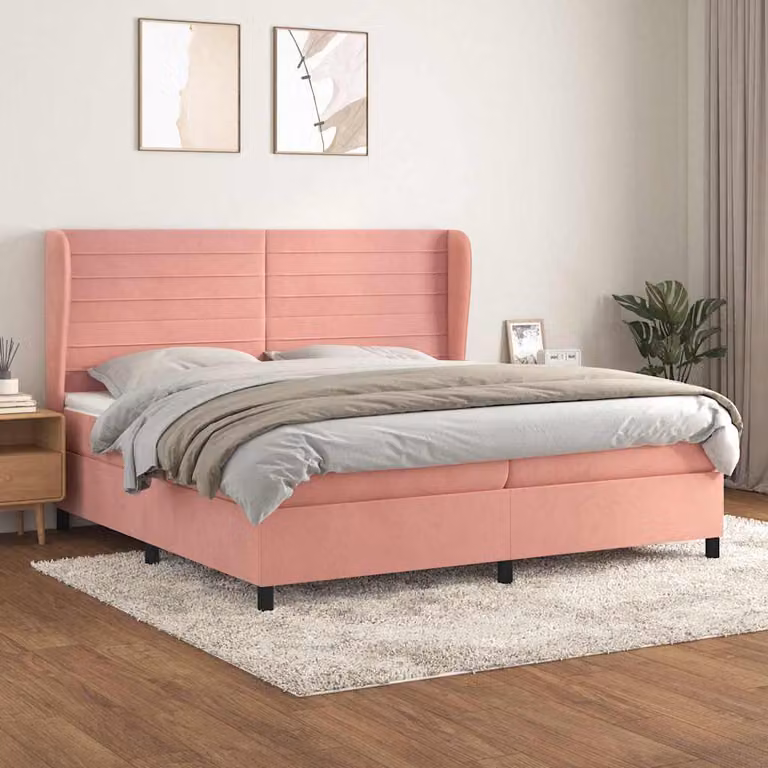 vidaXL Giroletto a Molle con Materasso in Velluto Rosa e Bianco, L/P/H: 203 x 203 x 128 cm