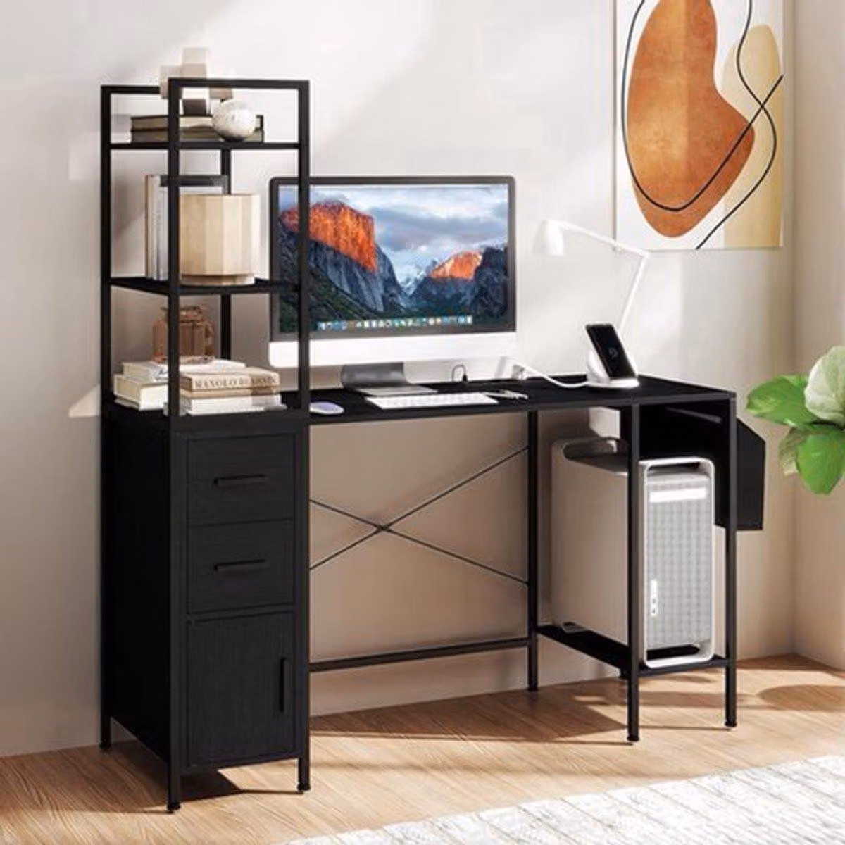 Scrivania con caricabatterie integrato e illuminazione a LED - Scrivania per computer con spazio contenitore - Larghezza 152 cm