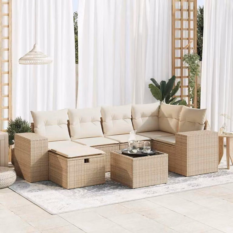 Set Divani da Giardino vidaXL 7 pz a Forma a L con Cuscini Beige e Struttura in Metallo e Polyrattan