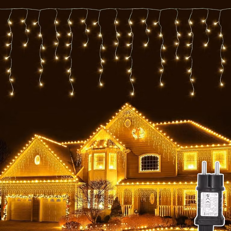 Catena luminosa con 400 LED, forma a goccia di ghiaccio, 8 modalità timer, luce bianco caldo, grado di protezione IP44