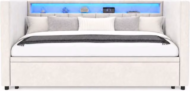 Letto singolo estraibile con contenitore in velluto beige, dotato di illuminazione LED e porta USB Type-C, dimensioni 90x190 cm