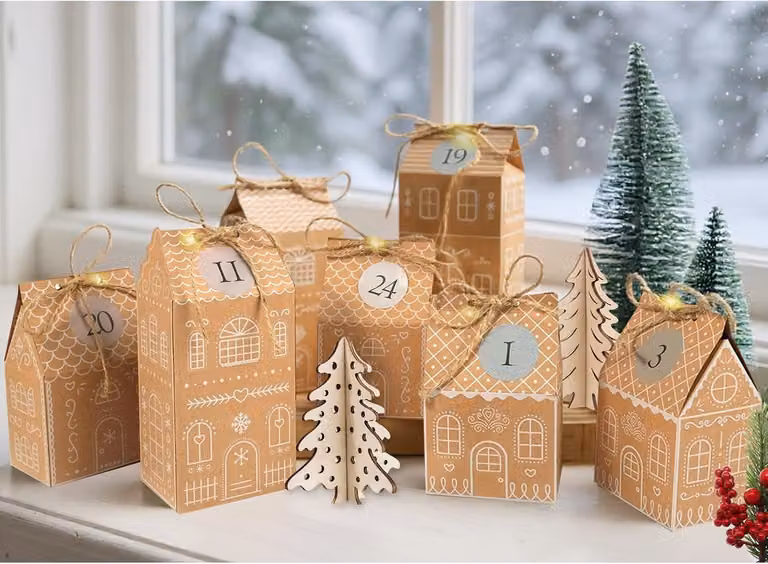 Calendario dell'Avvento - 24 casette di pan di zenzero in carta kraft, da riempire personalmente - Con luci a LED - Corda di juta e numeri - Riutilizzabile