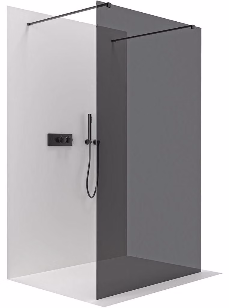 Pannello doccia angolare Walk-in Onyx Duo, versione sinistra/destra, vetro temperato di 8 mm, profilo nero opaco, vetro grigio grafite, dimensioni 130x200 cm