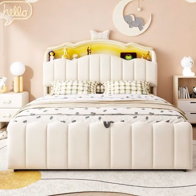 Letto per Bambini 140x200 cm Letto Contenitore Idraulico in Velluto Beige con Testiera LED e Prese USB