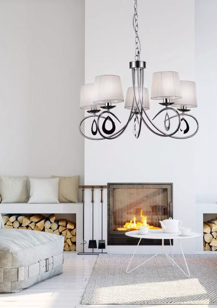 Lampadario a sospensione Candellux Arnika in metallo cromo e tessuto bianco, regolabile in altezza, con 5 lampadine E14 – 2