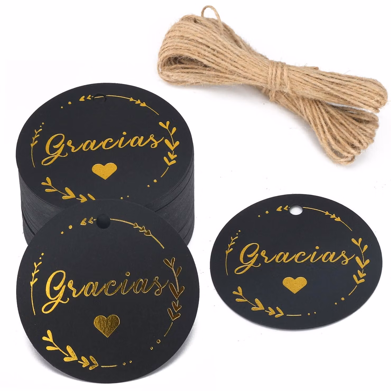 Etichette regalo, 5x5 cm, 100 pezzi, in carta kraft, con cordino di iuta, colore nero