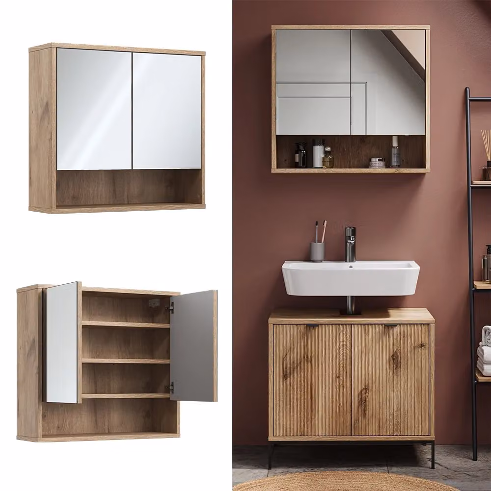 Specchio da bagno Eliza Vicco in rovere quercia vichinga con 2 ante, L: 70 cm, H: 65 cm – 2