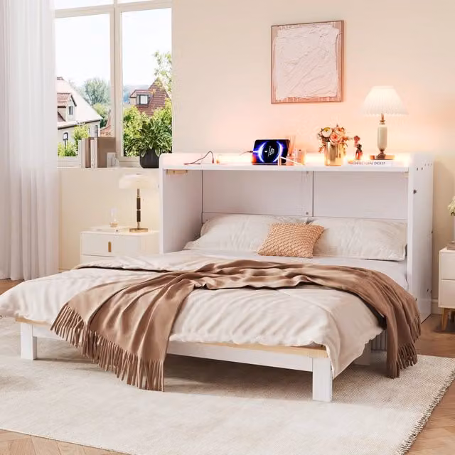 Letto a soppalco con cassetti - Zephmum- 140x200cm - Bianco - USB, presa, LED, piano lucido