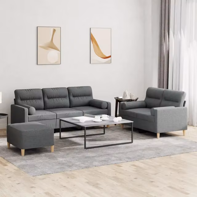 vidaXL Set di Divani Moderno 3 Pezzi con Ottoman e Cuscini in Tessuto Grigio – 1