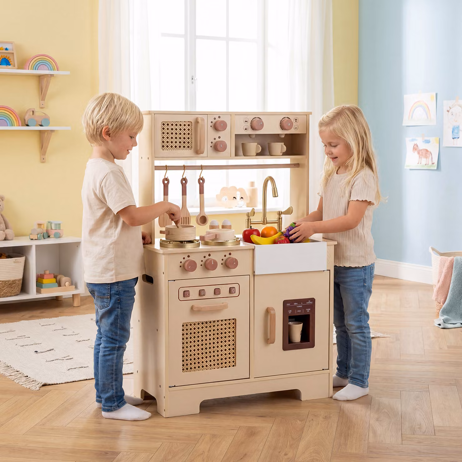 Costway Cucina bambini in legno cucina giocattolo con effetti sonori e luci, Cucina giocattolo set da gioco di chef con 15 accessori Giallo