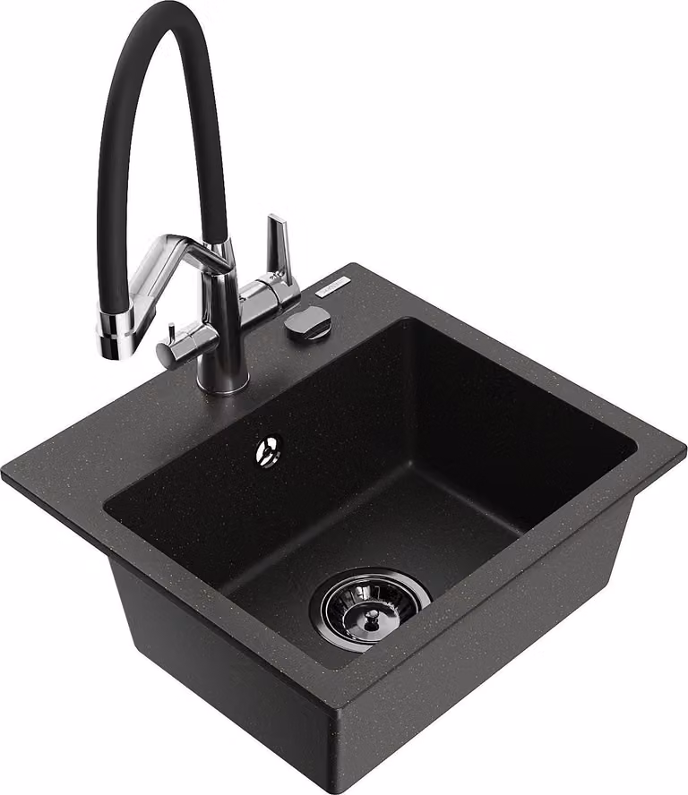 Mexen Milo lavello in granito a 1 vasca con rubinetto da cucina Duo, nero/oro metallizzato - 6505-75-671701-07-B