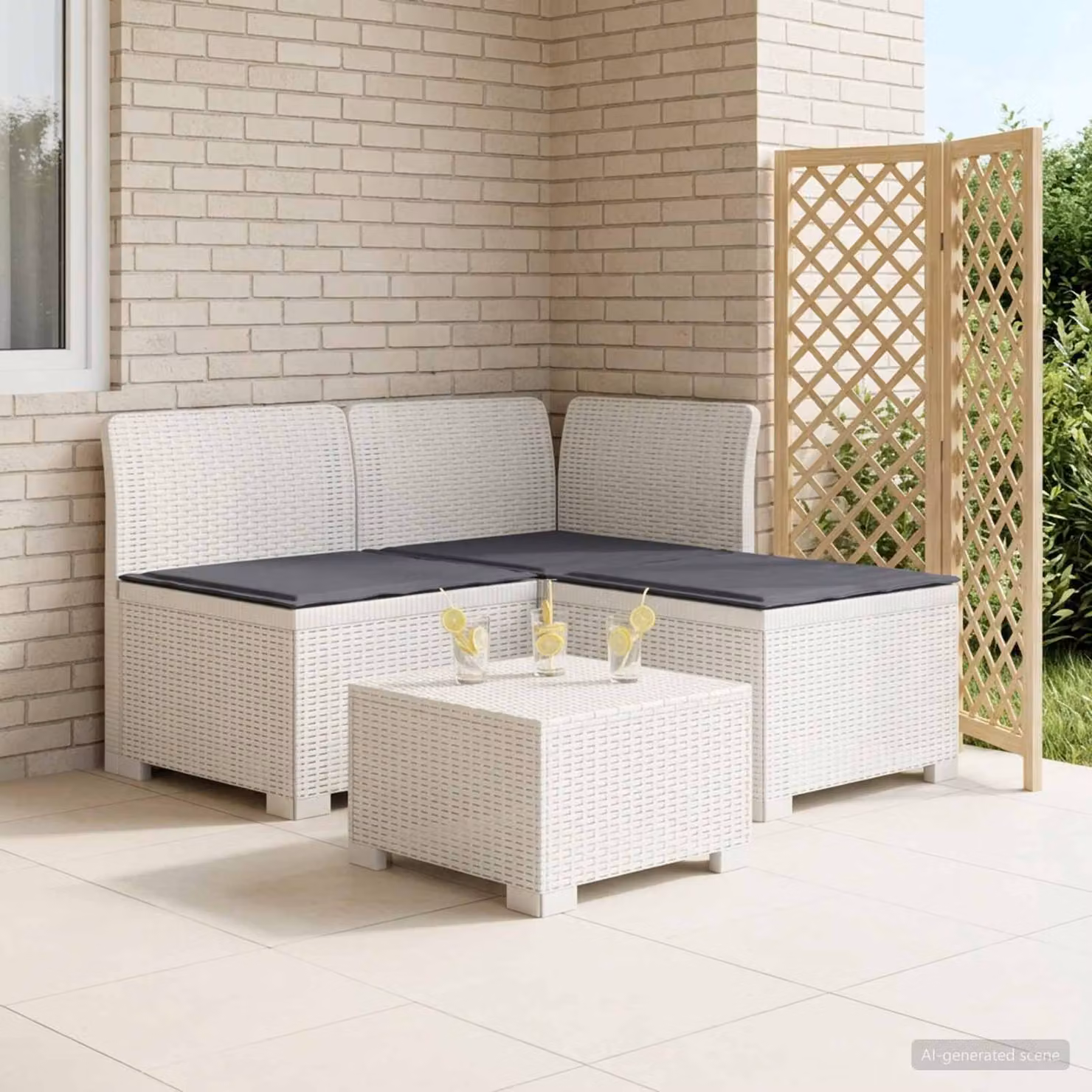 Divano da giardino a L vidaXL con cuscini in look rattan, grigio e bianco