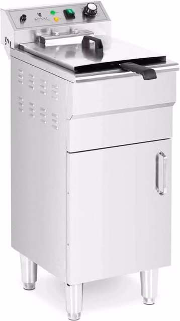 Friggitrice elettrica professionale Royal Catering in acciaio inox color argento con zona fredda, rubinetto di scarico e display analogico, capacità 13 litri, 5000 W