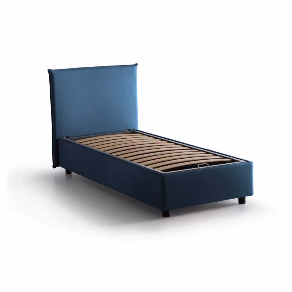 Letto singolo contenitore Argentino di Talamo Italia con rivestimento in tessuto blu, apertura frontale, adatto per materasso 80x190 cm – 2