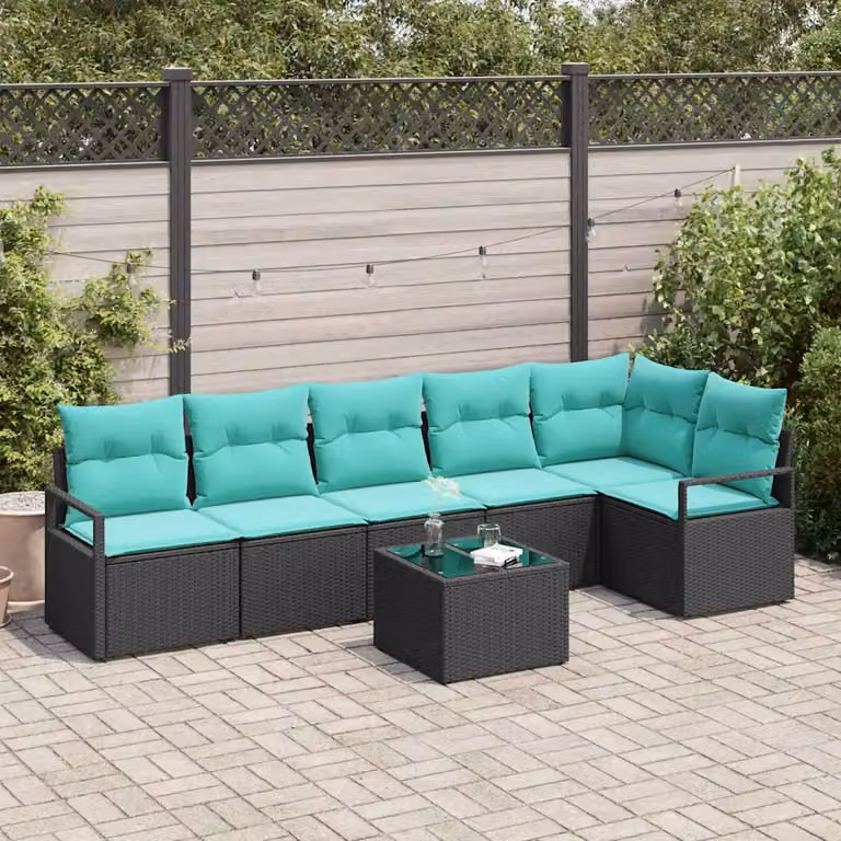 Set di divani da giardino vidaXL a forma di L composto da 7 pezzi con tavolino, colore nero e cuscini turchesi, struttura in metallo e rattan resistente ai raggi UV