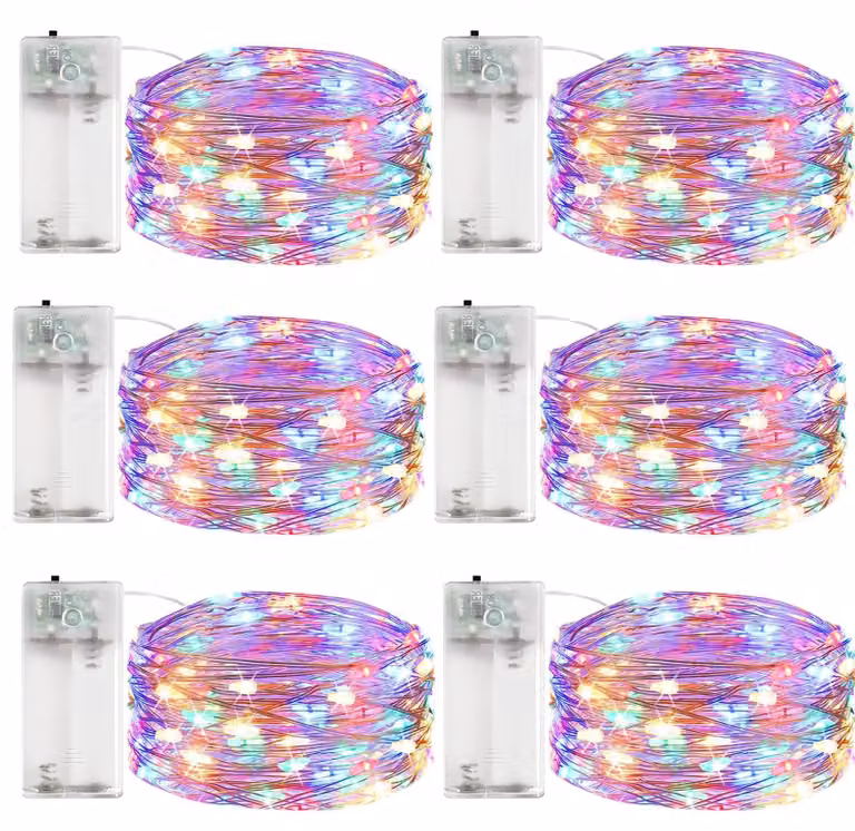 Set di 6 catene luminose a LED, lunghezza 2 metri, 20 LED, con timer, filo di rame, multicolore