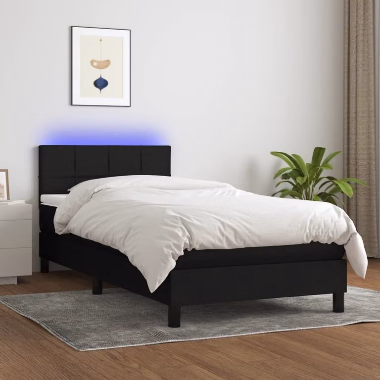 The Living Store Letto a molle con materasso e LED nero 90x200 cm in tessuto