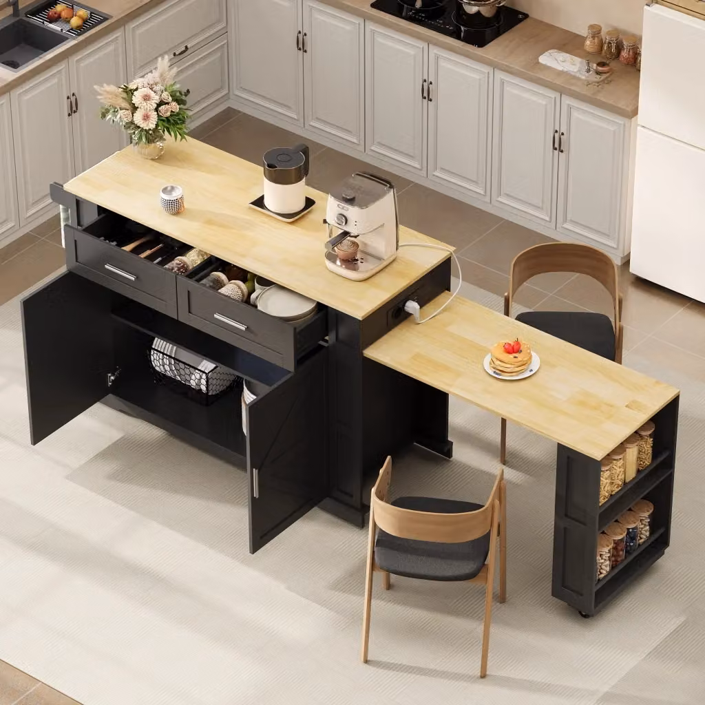 Isola da cucina REDOM moderna con piano estraibile in MDF e legno, colore Nero/Naturale, L: 130 cm, P: 50 cm, H: 93 cm – 2