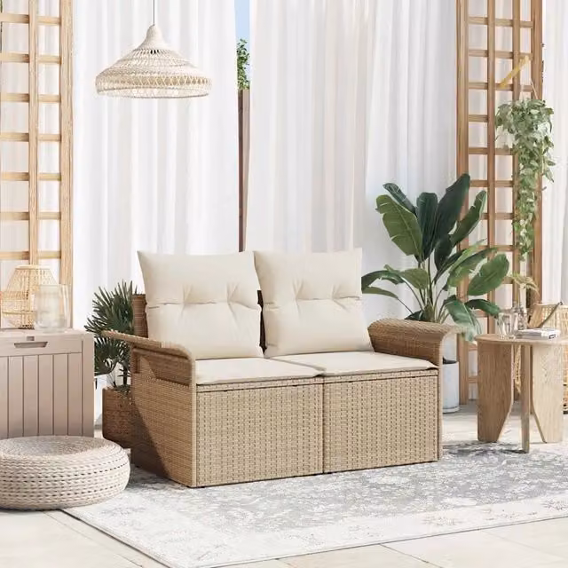 Divano da giardino moderno vidaXL in polyrattan beige con cuscini, L: 141 cm, P: 62 cm, H: 69 cm