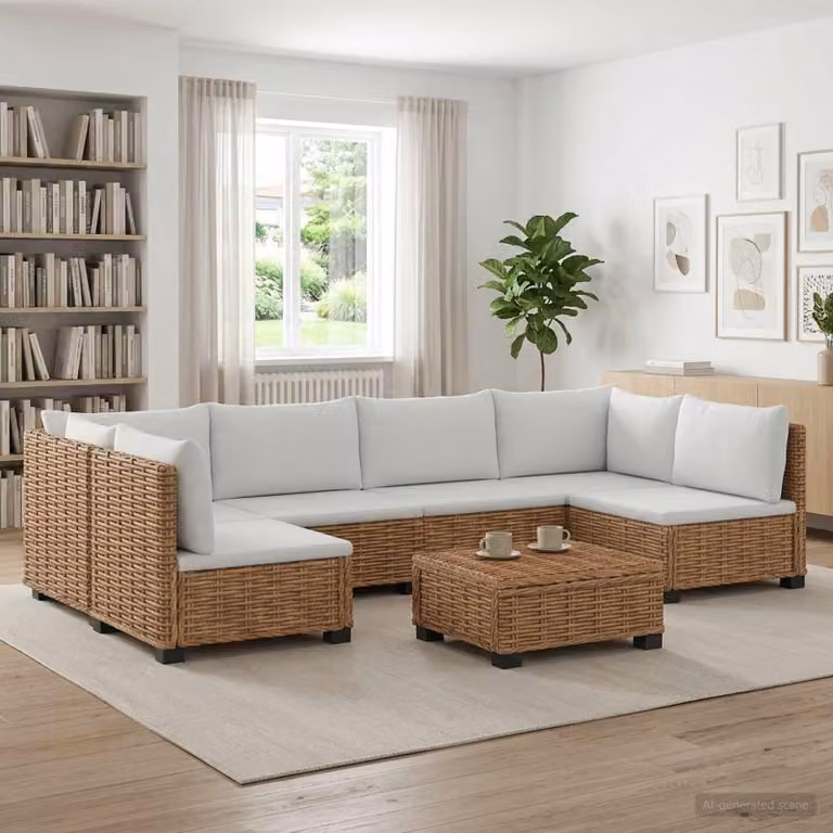 Maison Exclusive - Set da salotto in rattan naturale, composto da 7 pezzi, con cuscini, colore naturale