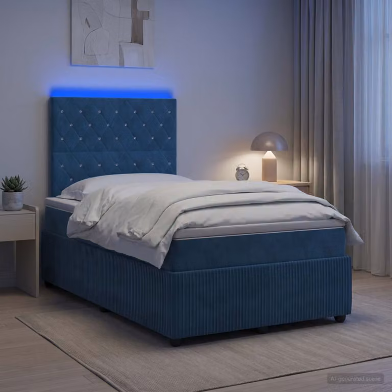 Letto Box Spring vidaXL in Velluto Blu con Materasso Ibrido e Illuminazione LED, L/P: 120 x 200 cm
