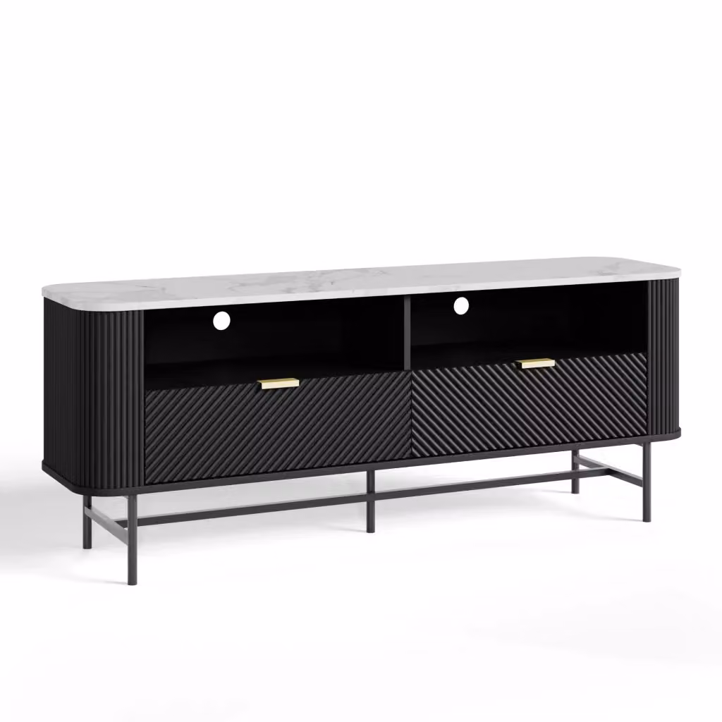 Mobile Porta TV Olvehok en.casa con Cassetti e Scomparti Aperti, Nero e Effetto Marmo Bianco, L 140 cm x P 40 cm x H 55 cm – 2