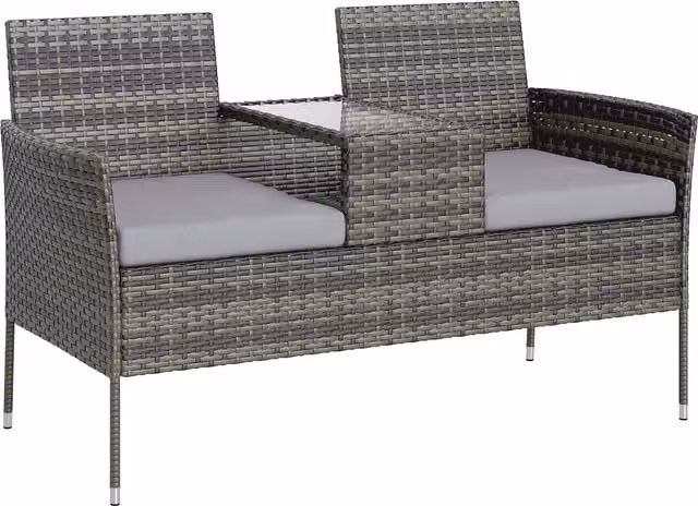 Panchina da esterno Outsunny a 2 posti con tavolino da caffè in rattan PE e acciaio, colore grigio, L: 137 cm, P: 59 cm, H: 82 cm – 1
