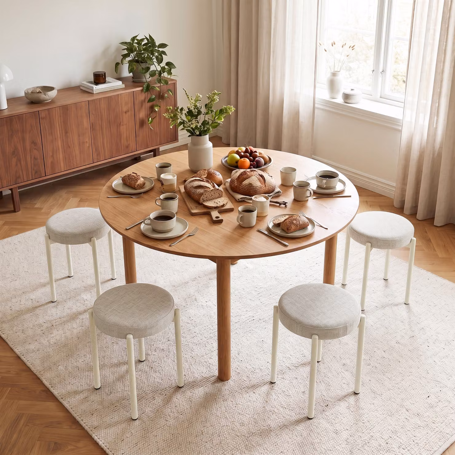 Set di 4 sgabelli impilabili rotondi HOMCOM con seduta imbottita in tessuto, colore beige, L/P/H: 45 x 45 x 47,5 cm – 2