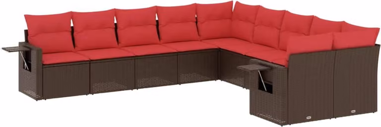 Set Divani da Giardino 10 pz con Cuscini Marrone in Polyrattan