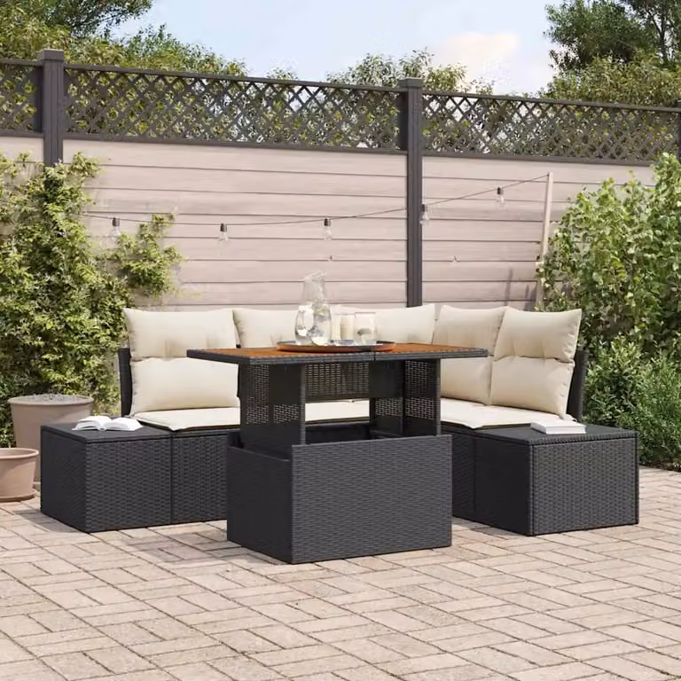 Set Divano da Giardino vidaXL 5 Pezzi in Polyrattan Nero con Cuscini e Contenitore per Archiviazione