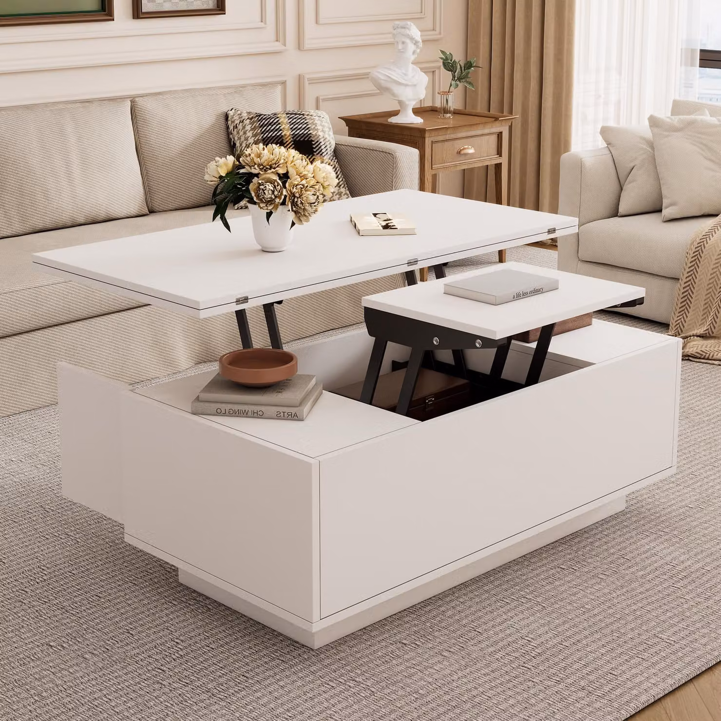 MODFU tavolino da salotto con doppio meccanismo di sollevamento, tavolino da divano con spazio di archiviazione nascosto, tavolo per il tempo libero, credenza, bianco
