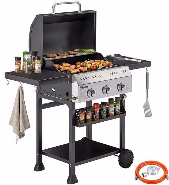 Barbecue a gas da 9 kW a 3 fuochi, con tavolo pieghevole, portaspezie, piano di appoggio e 6 ganci
