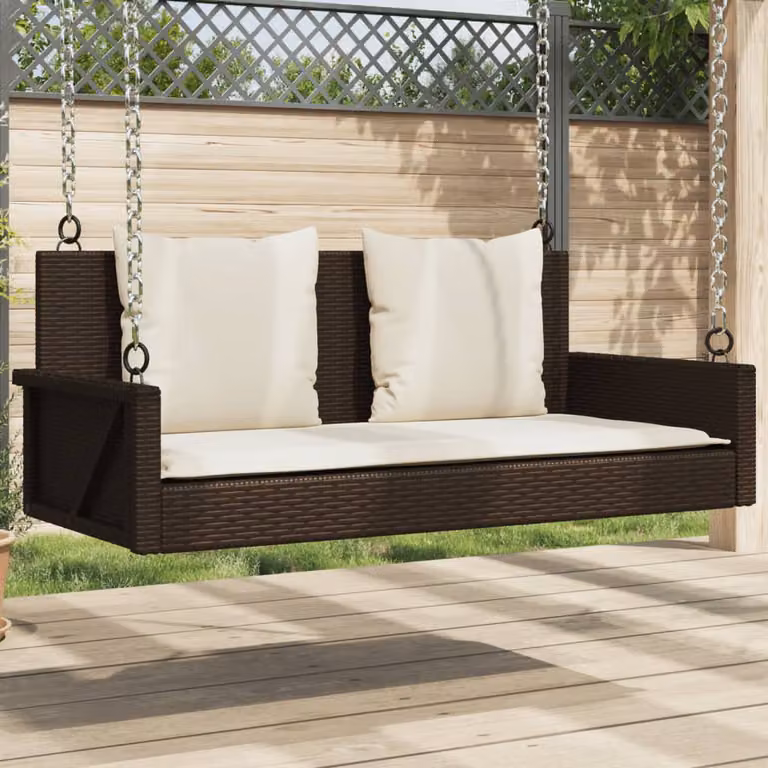 Panchina a dondolo vidaXL in polyrattan marrone con cuscini, L/P/H: 119 x 56 x 48 cm