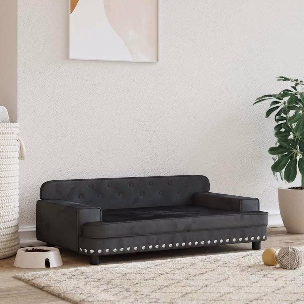 vidaXL Lettino per Cani in Velluto Nero con Struttura in Legno L 90 x P 53 x H 30 cm