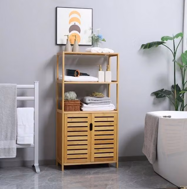 Mobile bagno in bambù naturale con ante a lamelle e ripiani aperti 60x30x120 cm