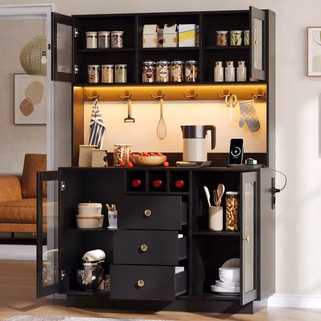 Mobile colonna da cucina con 3 cassetti LED RGB prese e ripiani regolabili MDF nero 120 × 40 × 170 cm