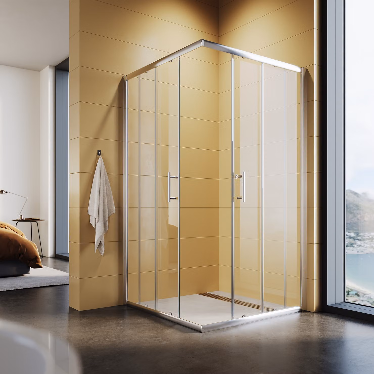 Cabina doccia SONNI 90x100x185cm, doccia a doppia porta scorrevole a vetro singolo, doccia angolare in vetro ESG