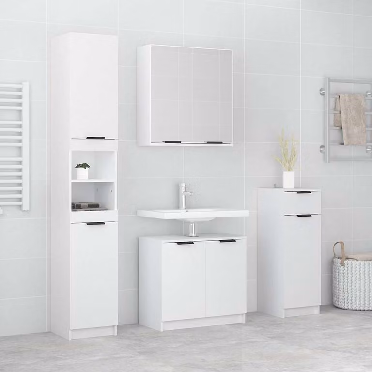 Set di mobili da bagno vidaXL 4 pezzi in legno multistrato bianco con armadio alto, armadio laterale e armadietto con specchio